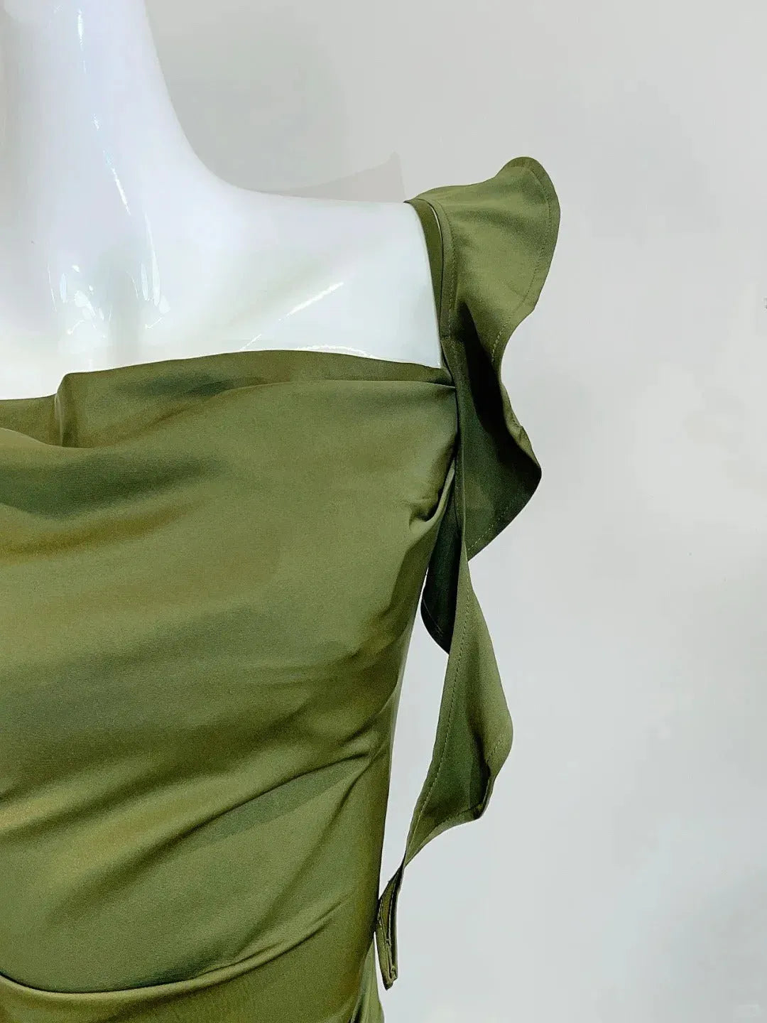 Chic A-Line One-Shoulder Sleeveless Ruffled Olive Green Midi Prom Dress for Women Ready to Ship