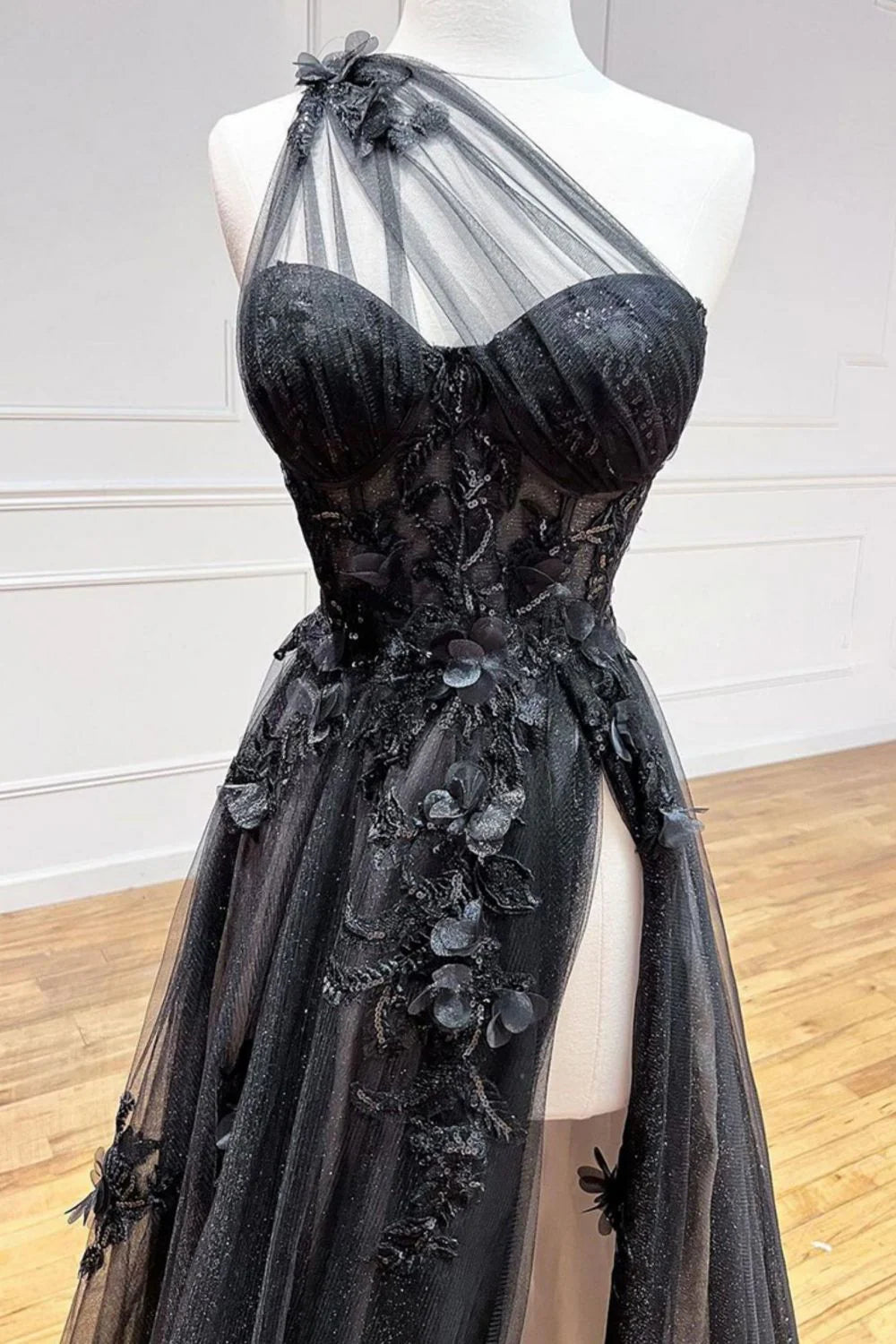 Chic A-Line One Shoulder Appliques Black Long Prom Dress With High Slit