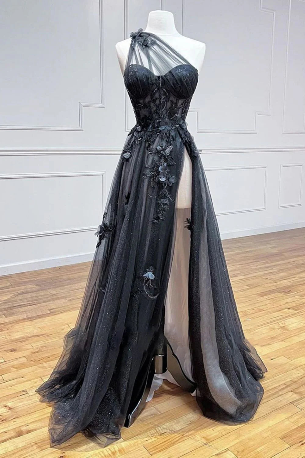 Chic A-Line One Shoulder Appliques Black Long Prom Dress With High Slit