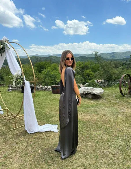 Chic A-Line Spaghetti-Strap Cape-Accent Satin Charcoal Maxi Evening Dress for Women