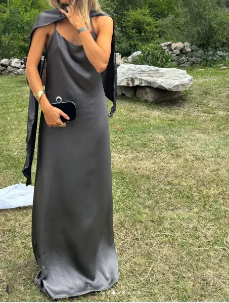 Chic A-Line Spaghetti-Strap Cape-Accent Satin Charcoal Maxi Evening Dress for Women