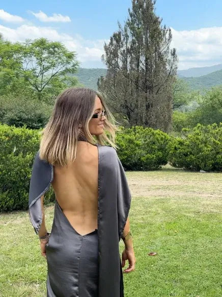 Chic A-Line Spaghetti-Strap Cape-Accent Satin Charcoal Maxi Evening Dress for Women