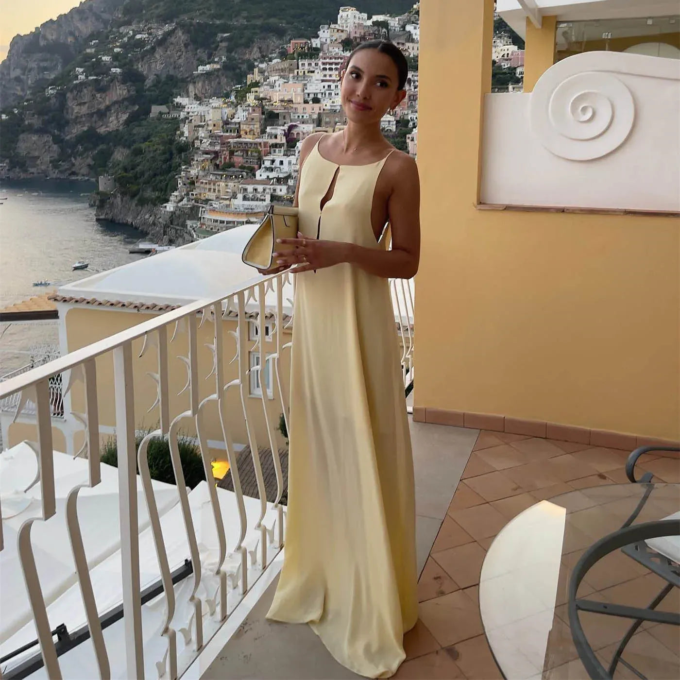 Casual A-Line Spaghetti Strap Keyhole Open Back Satin Yellow Maxi Prom Dress