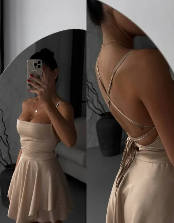 Chic A-Line Spaghetti Strap Open-Back Satin White Short Homecoming Dress
