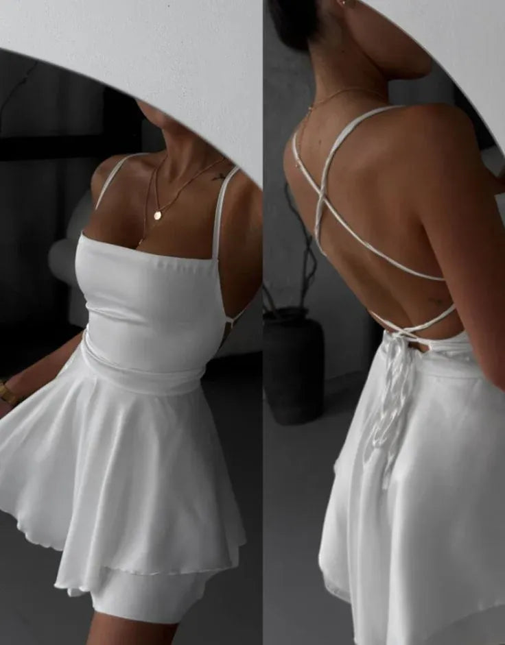 Chic A-Line Spaghetti Strap Open-Back Satin White Short Homecoming Dress