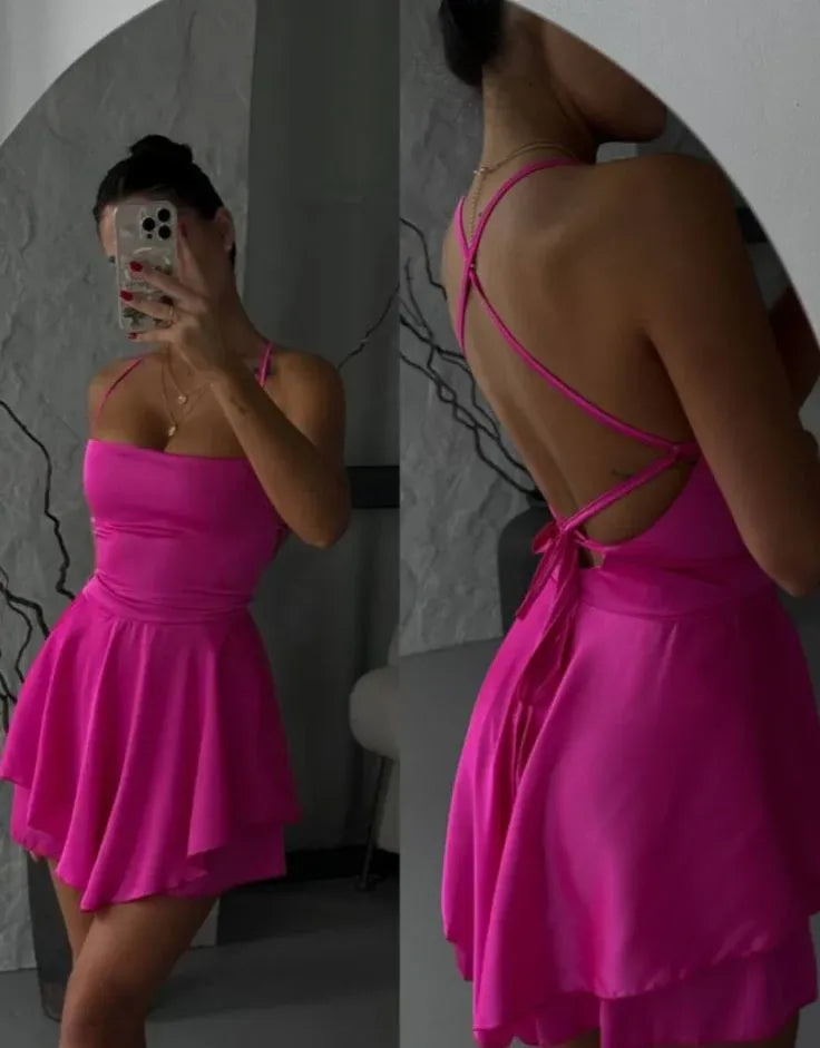 Chic A-Line Spaghetti Strap Open-Back Satin White Short Homecoming Dress