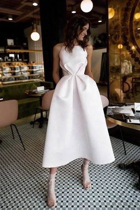 Chic A-Line Spaghetti Straps Backless Tea-Length Prom Dress With Pockets