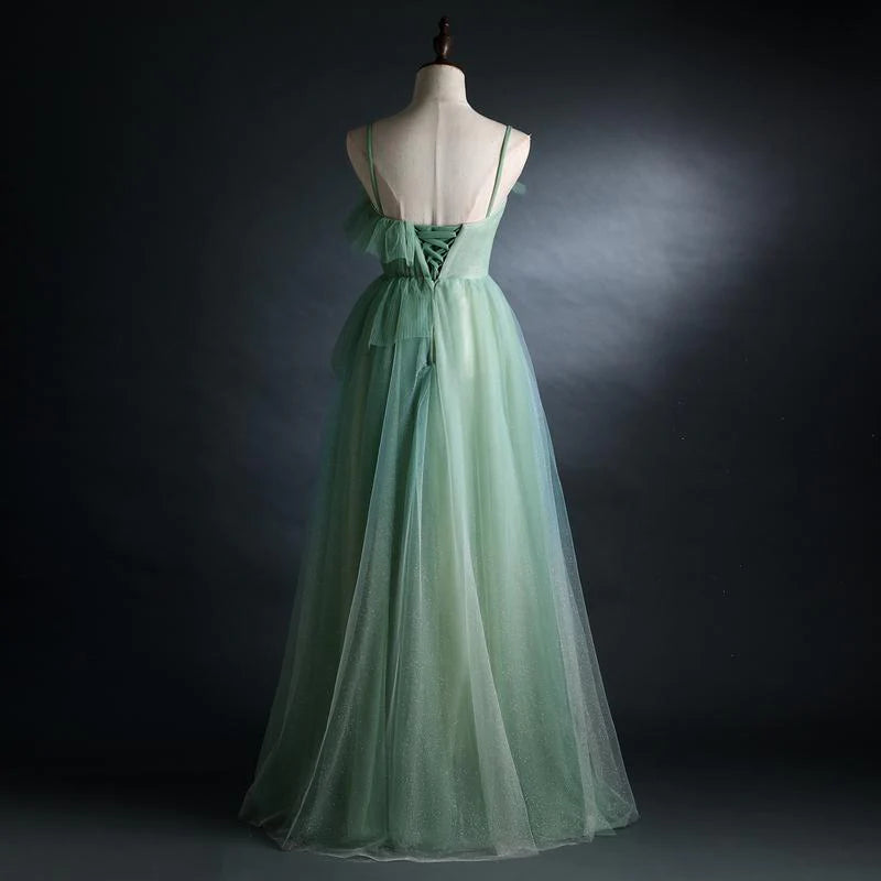Chic A-Line Spaghetti Straps Tulle Light Green Floor Length Prom Dress