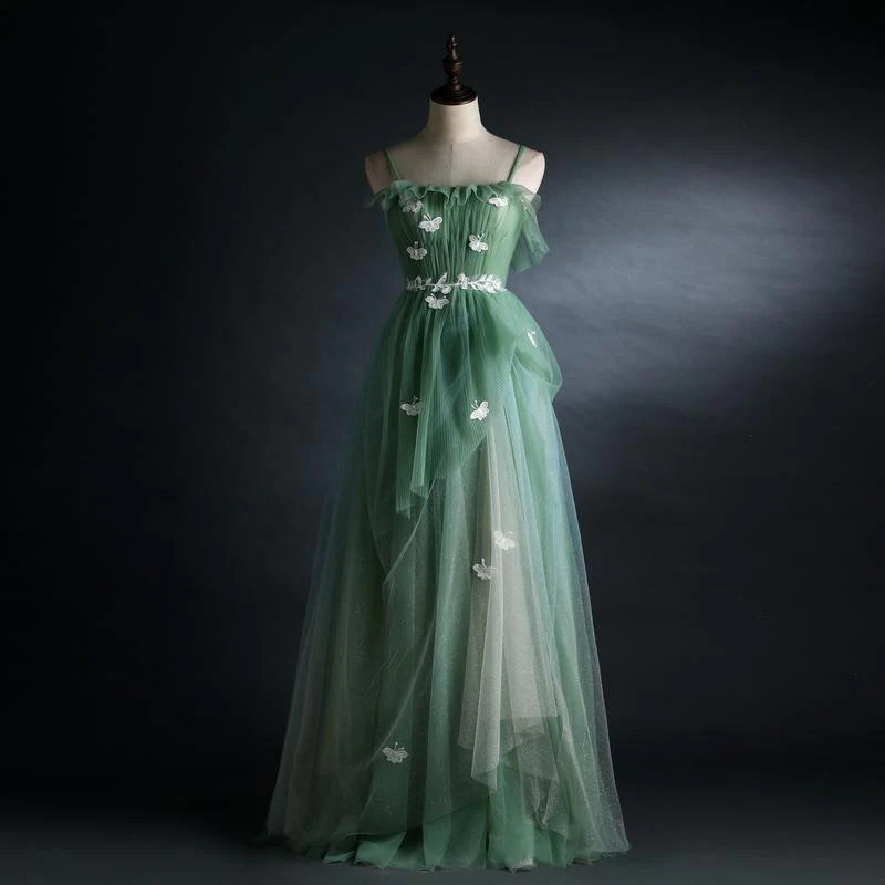 Chic A-Line Spaghetti Straps Tulle Light Green Floor Length Prom Dress