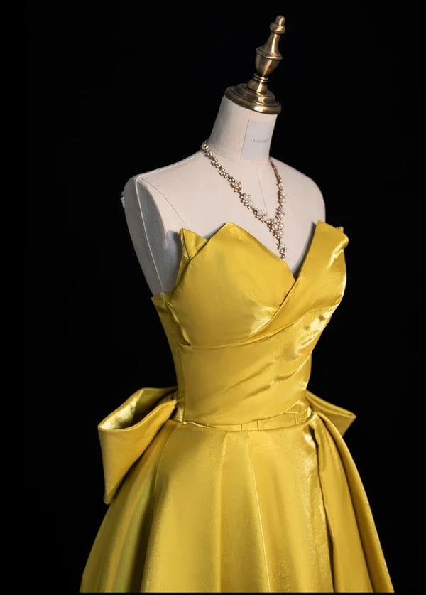 Chic A-Line Strapless Bow Satin Yellow Long Prom Dresses Evening Dresses