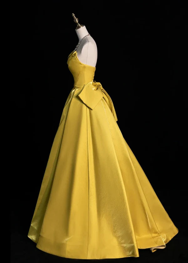 Chic A-Line Strapless Bow Satin Yellow Long Prom Dresses Evening Dresses