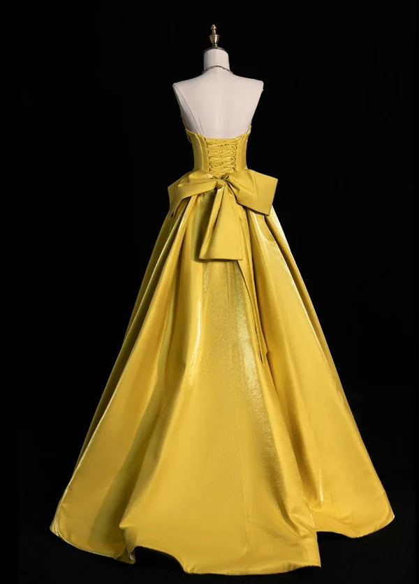 Chic A-Line Strapless Bow Satin Yellow Long Prom Dresses Evening Dresses