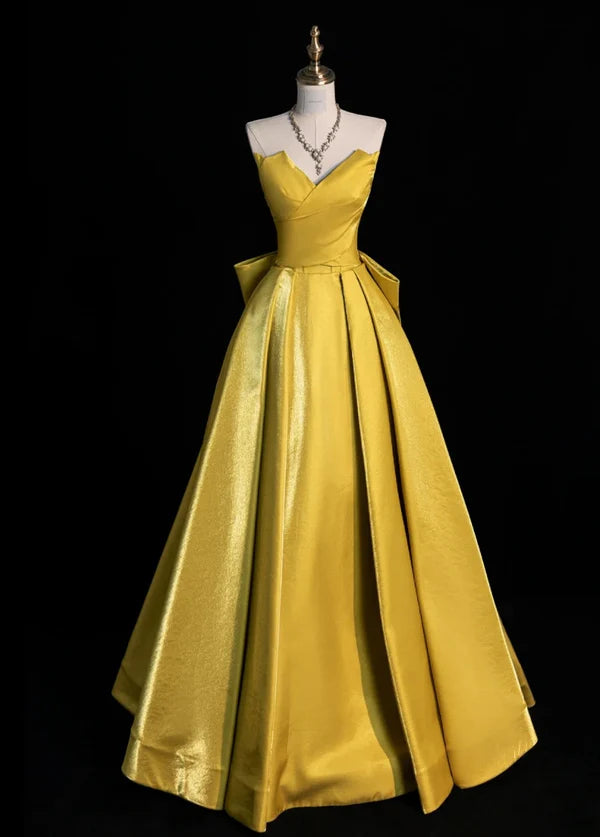 Chic A-Line Strapless Bow Satin Yellow Long Prom Dresses Evening Dresses