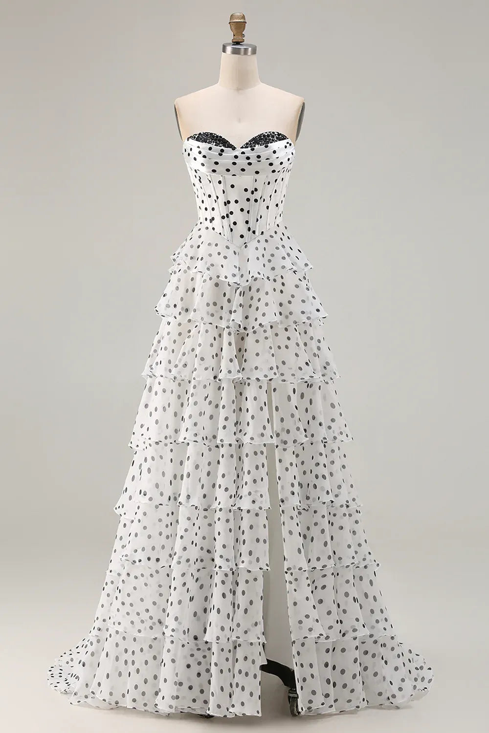 Chic A-Line Strapless Tiered Polka Dot Tulle White Train Prom Dress With Slit