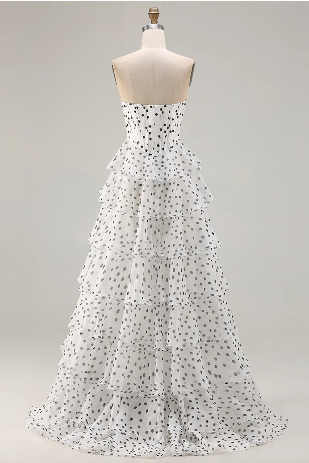 Chic A-Line Strapless Tiered Polka Dot Tulle White Train Prom Dress With Slit