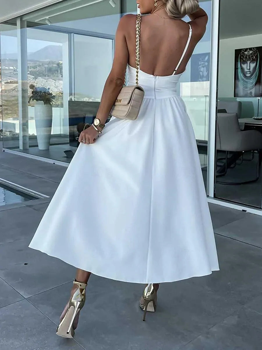 Chic A-Line Sweetheart Neck Sleeveless Cutout White Midi Prom Dress for Women Ready to Ship