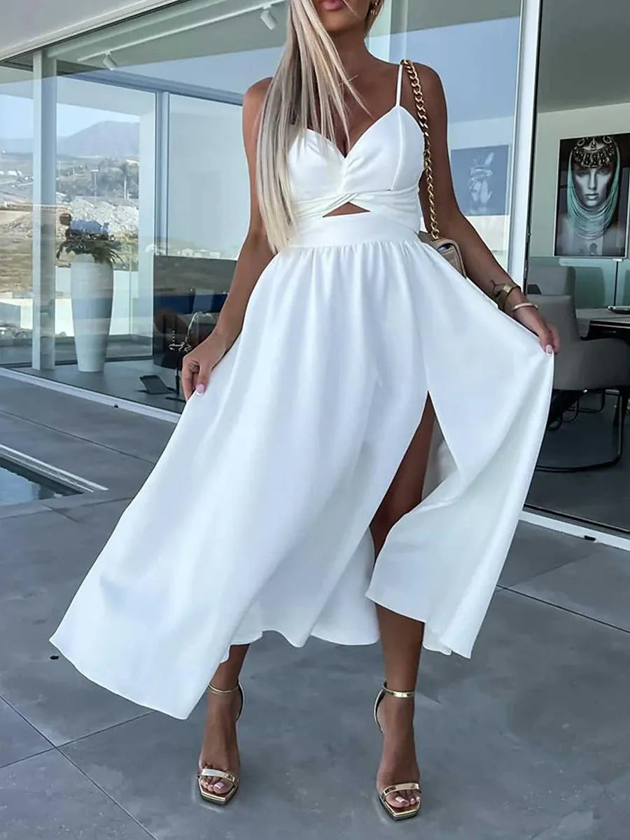 Chic A-Line Sweetheart Neck Sleeveless Cutout White Midi Prom Dress for Women Ready to Ship