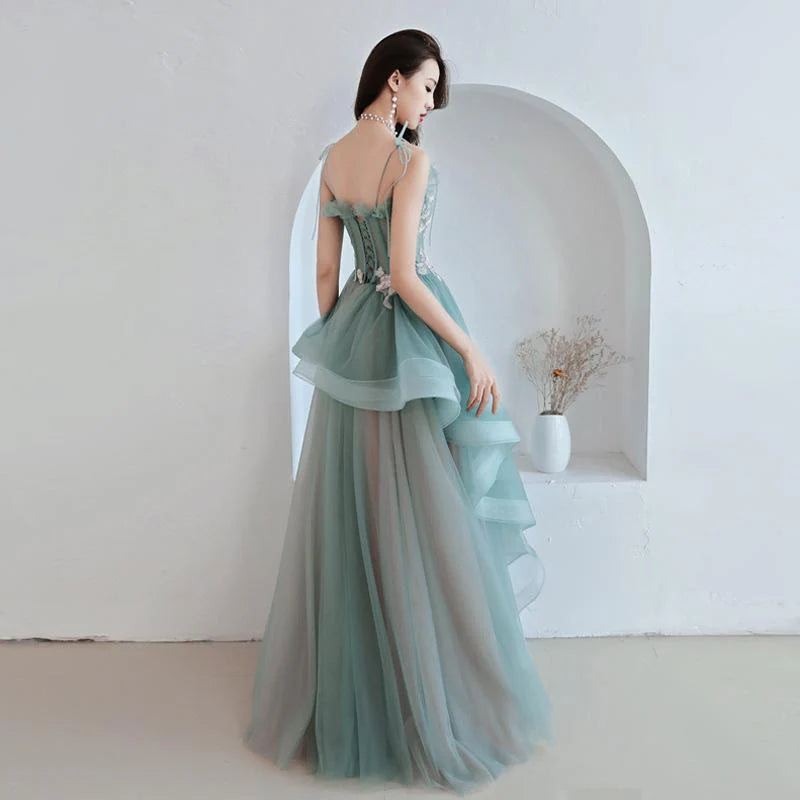 Chic A-Line Tie Straps Applique Layers Tulle Green Pink Long Prom Dress