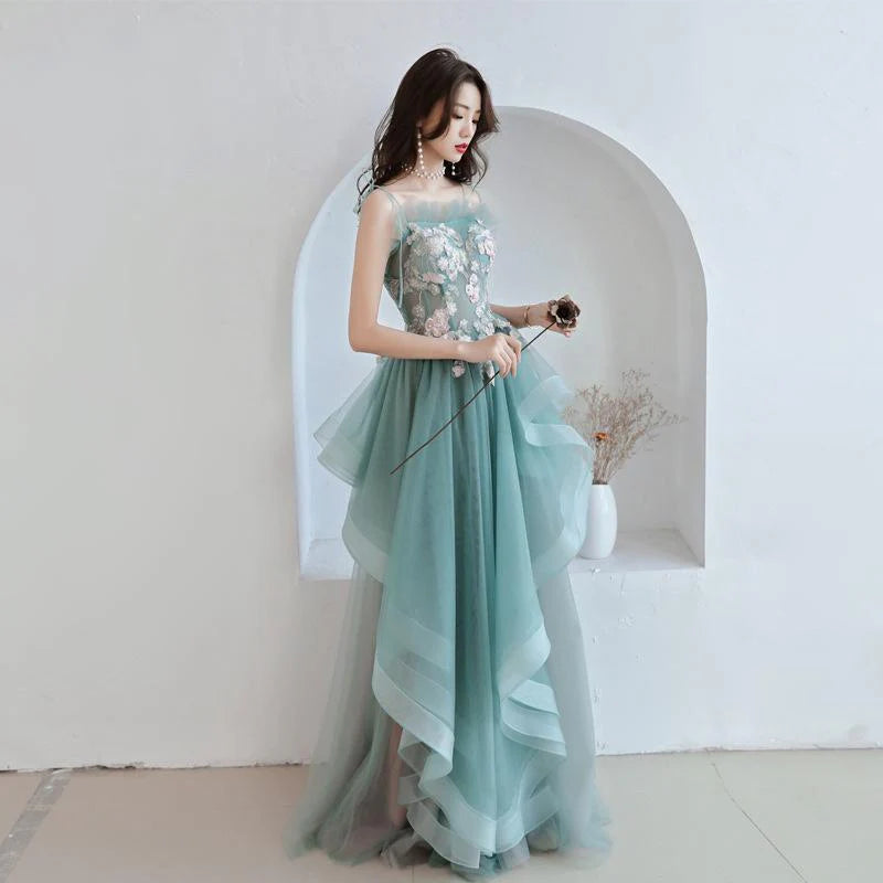 Chic A-Line Tie Straps Applique Layers Tulle Green Pink Long Prom Dress