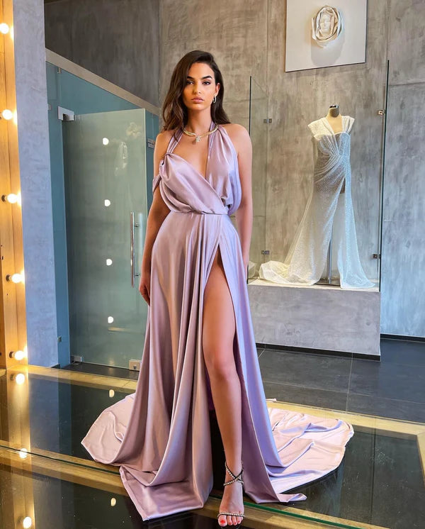 Chic A-line Halter High Slit Satin Lavender Prom Dress With Train