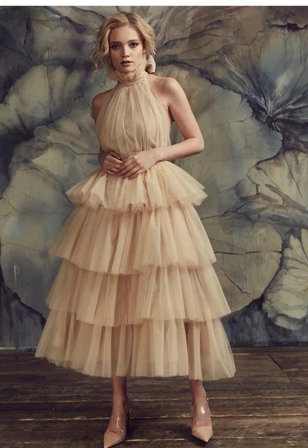 Chic A-line High-Neck Tiered Tulle Champagne Midi Prom Dress