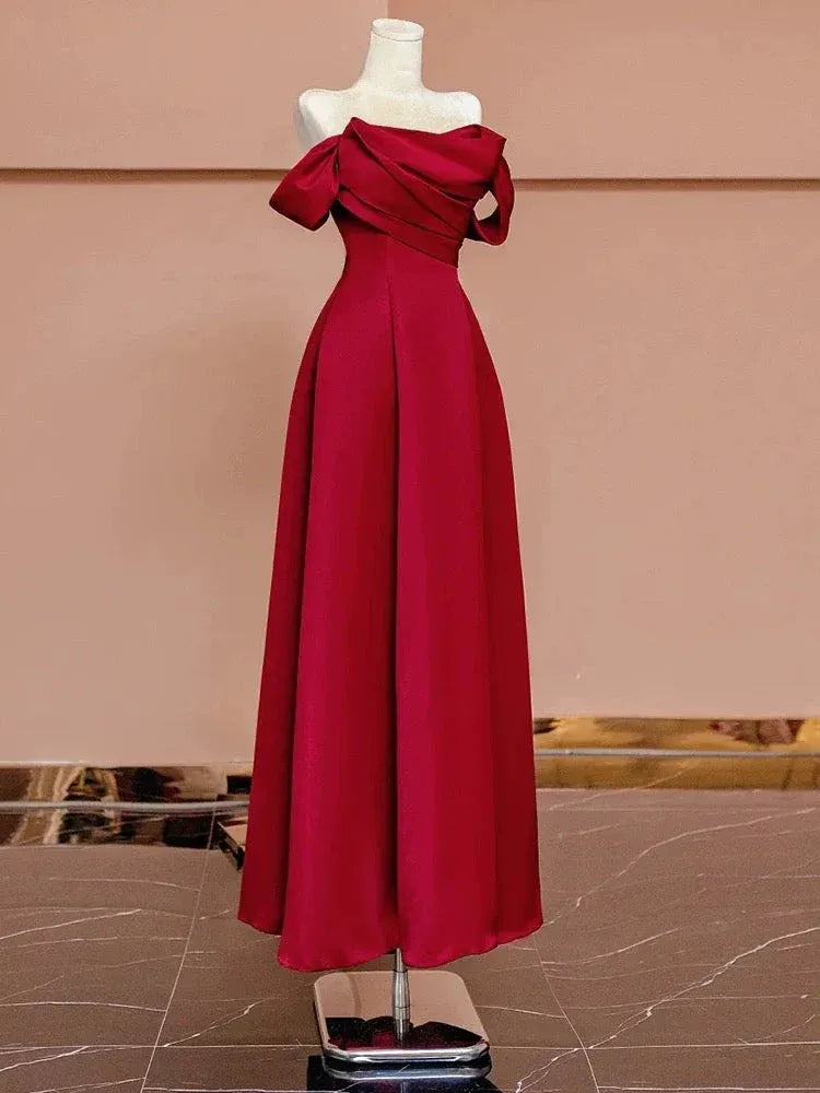 Chic A-line Off-the-Shoulder Sleeveless Draped Burgundy Maxi Prom Dress for Women Custom