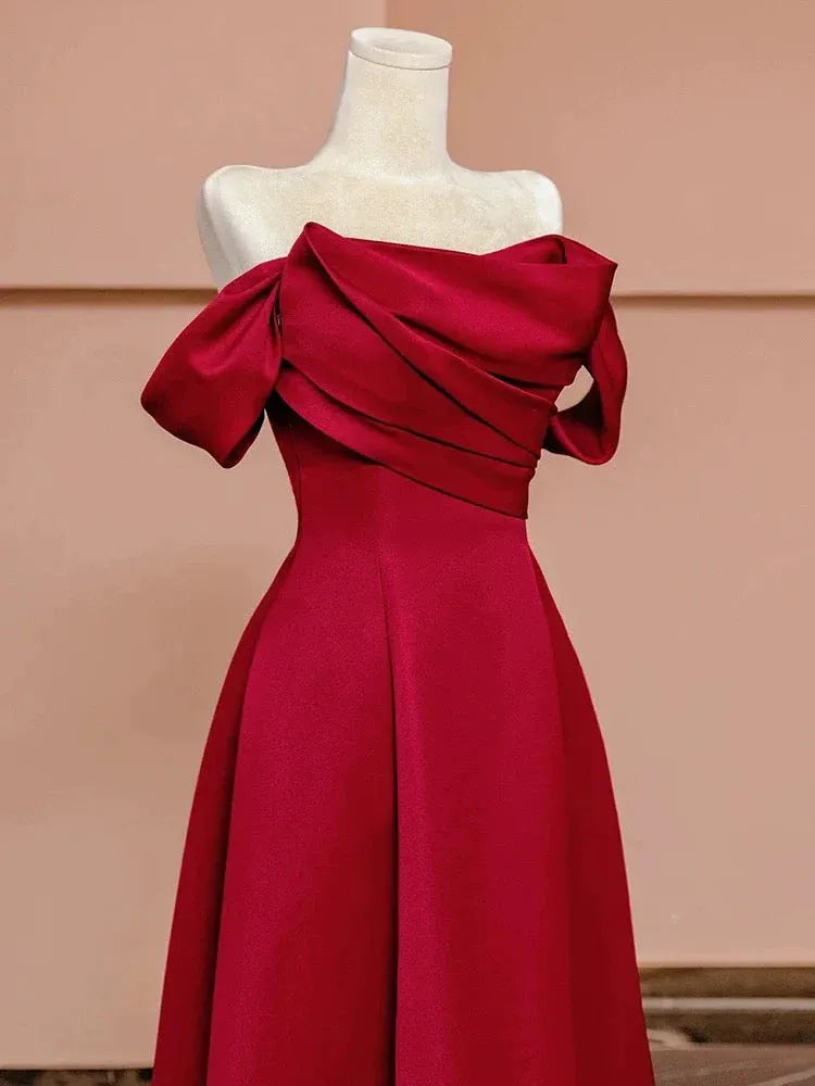 Chic A-line Off-the-Shoulder Sleeveless Draped Burgundy Maxi Prom Dress for Women Custom