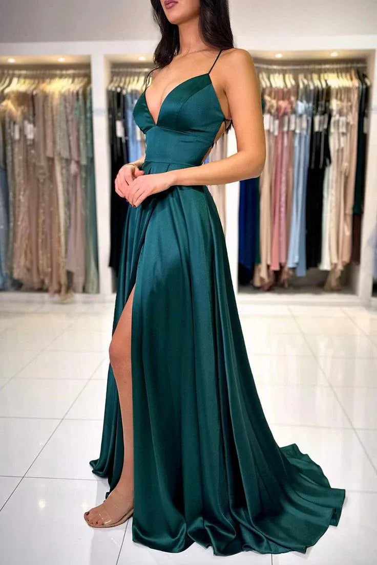 Elegant A-line Spaghetti-Strap Sleeveless Draped Emerald Maxi Prom Dress for Women Custom
