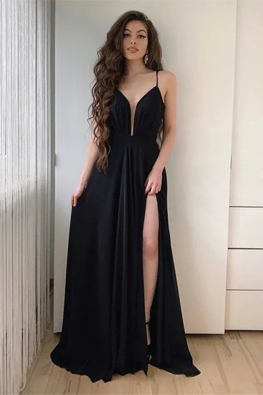 Chic A-line Spaghetti Plunge Black Slit Floor Prom Dress For Ladies