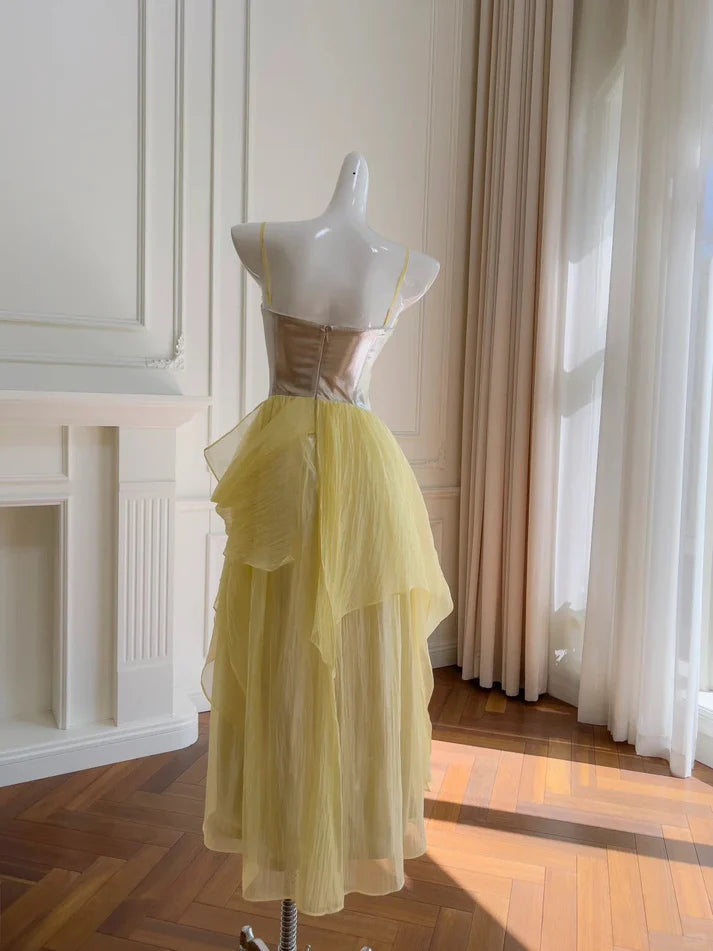 Chic A-line Spaghetti Straps Layers Ruffle Chiffon Yellow Long Party Dress