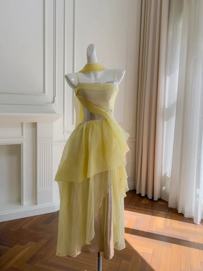 Chic A-line Spaghetti Straps Layers Ruffle Chiffon Yellow Long Party Dress