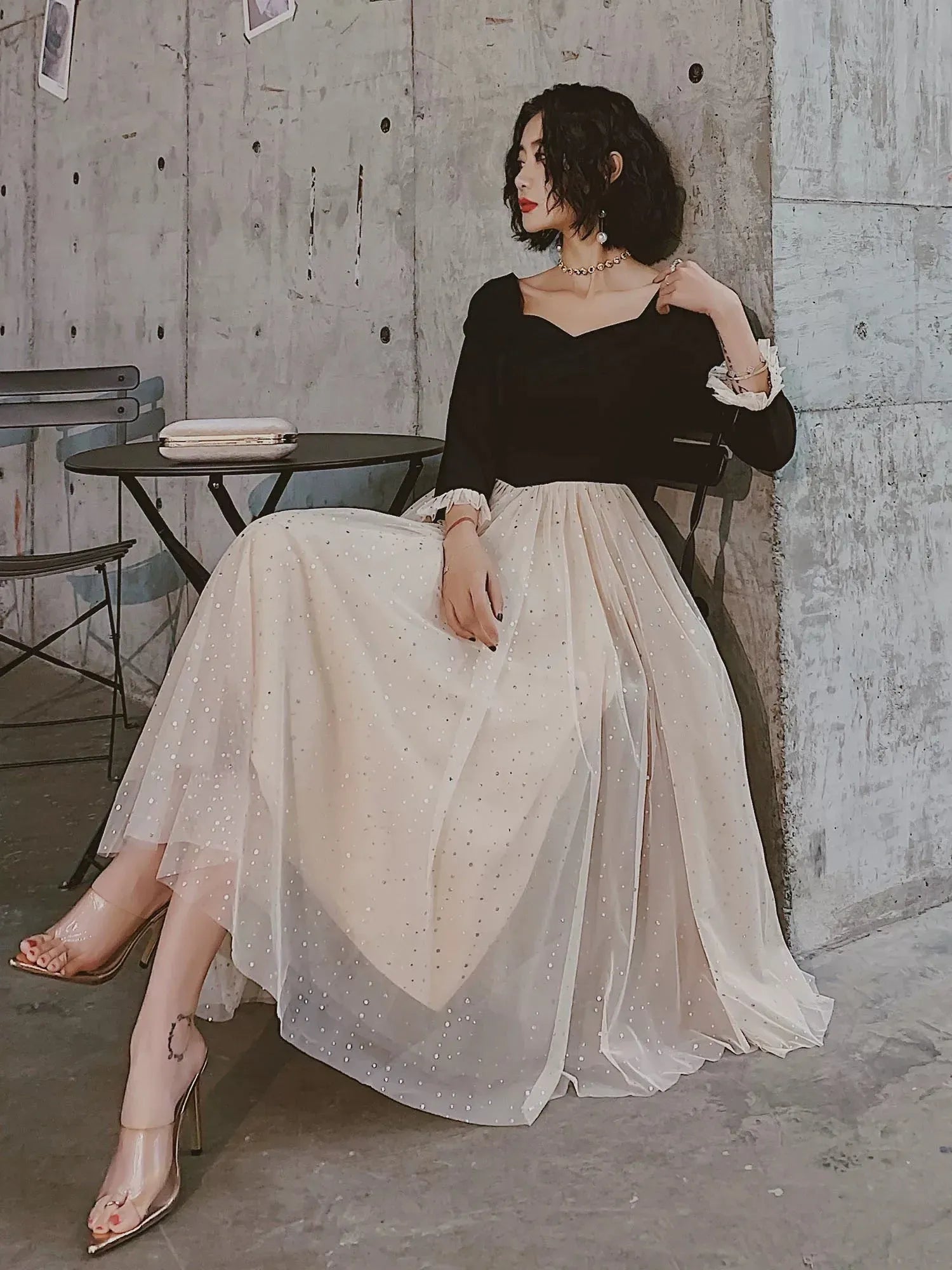 Chic A-line Square-Neck Long-Sleeve Sequin-Accented Beige Midi Prom Dress for Women for sale