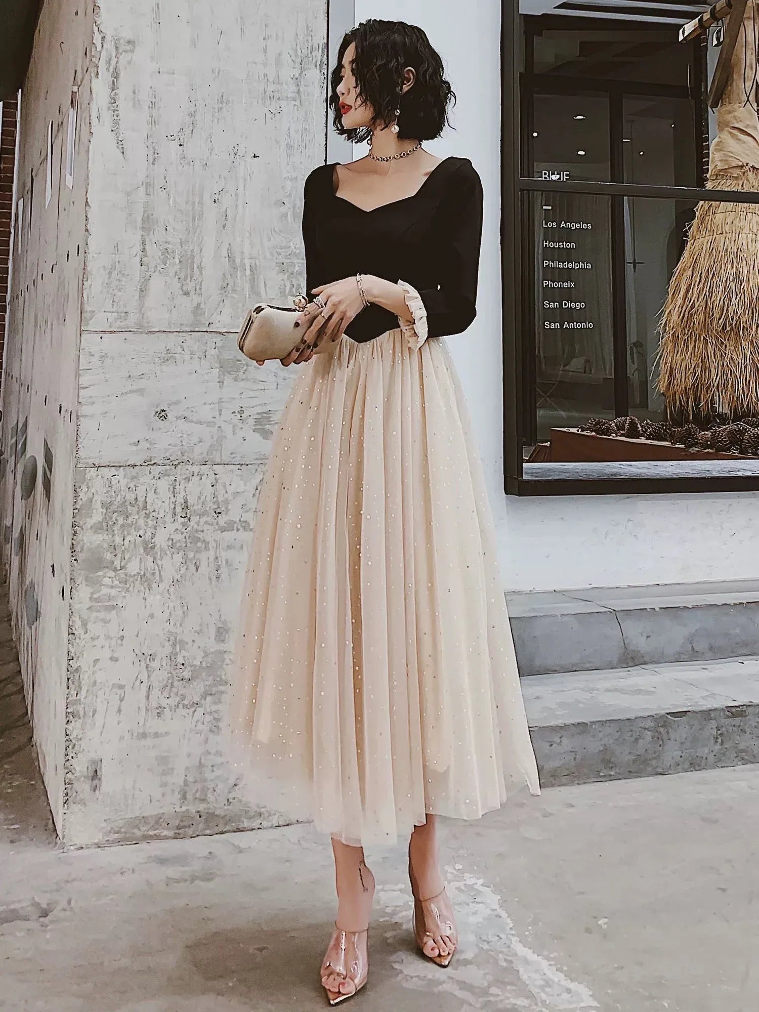 Chic A-line Square-Neck Long-Sleeve Sequin-Accented Beige Midi Prom Dress for Women for sale