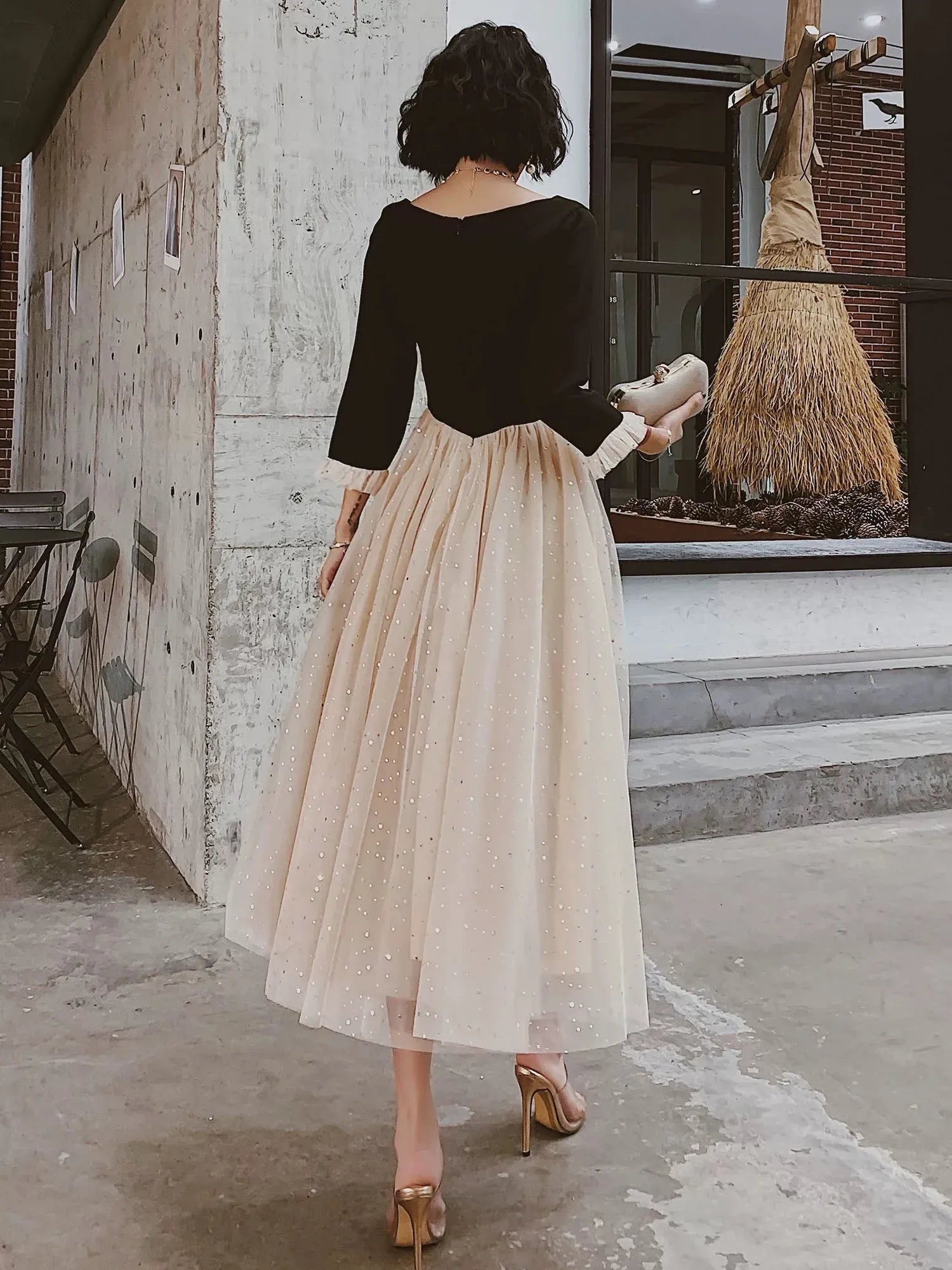 Chic A-line Square-Neck Long-Sleeve Sequin-Accented Beige Midi Prom Dress for Women for sale