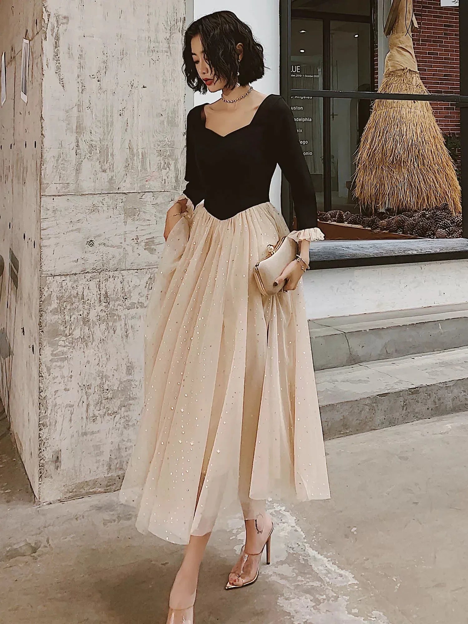 Chic A-line Square-Neck Long-Sleeve Sequin-Accented Beige Midi Prom Dress for Women for sale