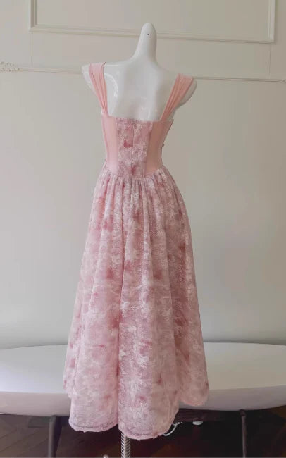 Chic A-line Square Neck Straps Tie Applique Tulle Pink Evening Gowns