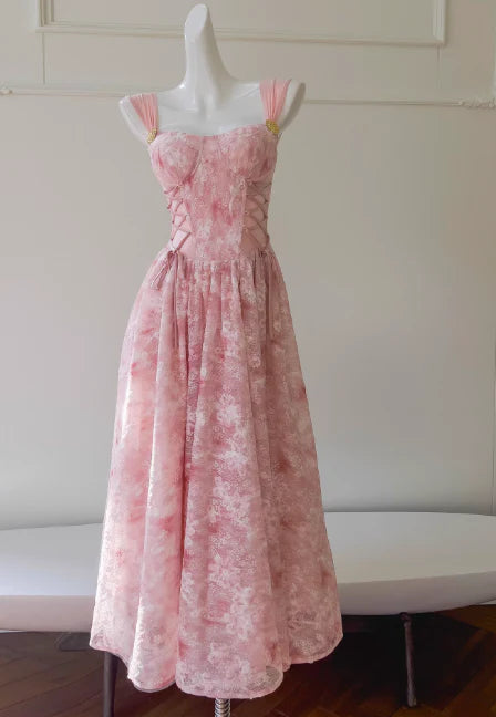 Chic A-line Square Neck Straps Tie Applique Tulle Pink Evening Gowns