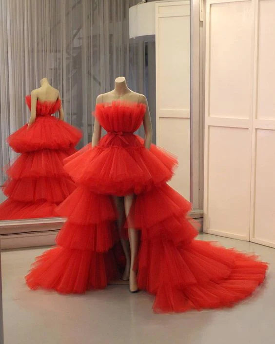 Chic A-line Strapless Tiered Tulle Red High Low Prom Dress Evening Dress