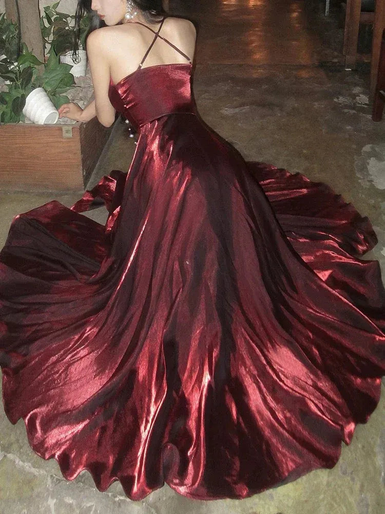 Chic A-line Sweetheart-Strap Sleeveless Cross-Back Burgundy Maxi Prom Dress for Women Custom