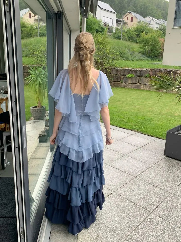 Chic A-line Sweetheart Ruffle Ombre Blue Floor Prom Dress For Ladies