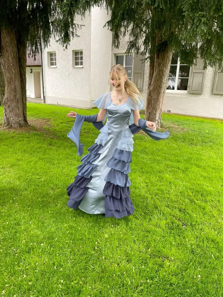 Chic A-line Sweetheart Ruffle Ombre Blue Floor Prom Dress For Ladies