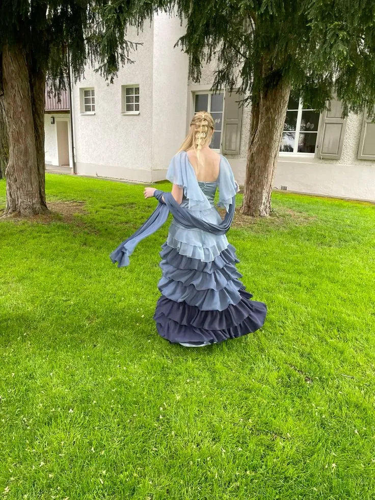 Chic A-line Sweetheart Ruffle Ombre Blue Floor Prom Dress For Ladies