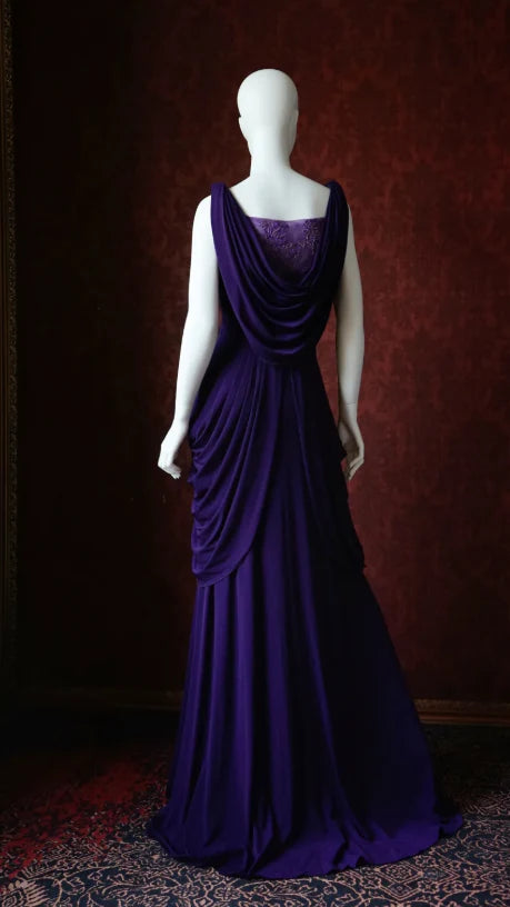 Chic A-line V-neck Flowers Chiffon Purple Long Evening Dress With Cape
