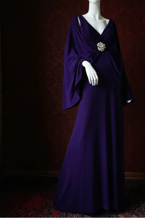 Chic A-line V-neck Flowers Chiffon Purple Long Evening Dress With Cape