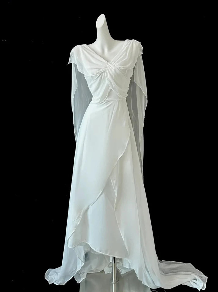 Chic A-line V Neck Layered Chiffon White Long Party Dress With Cape