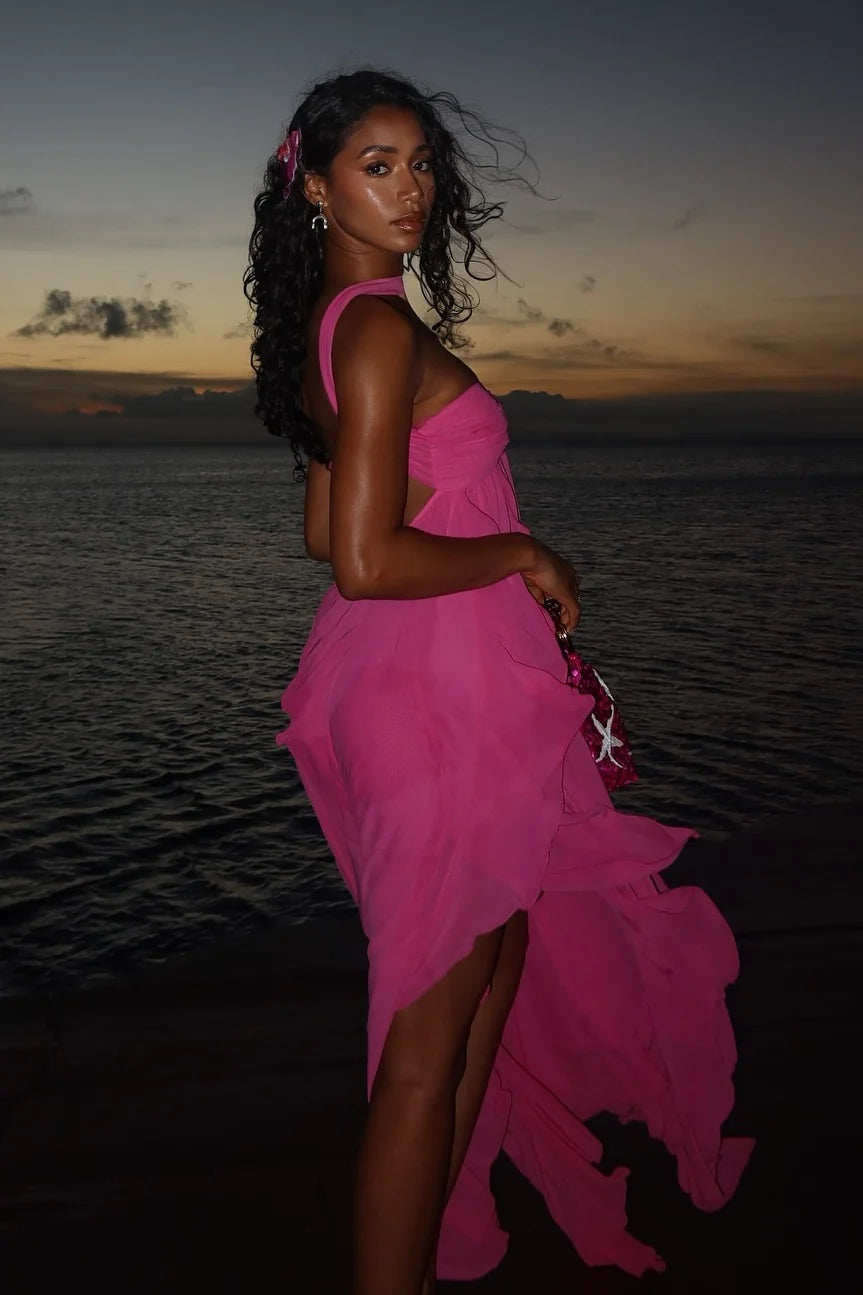 Chic A Line Halter Neck Ruffles Open Back Pink Long Prom Dress