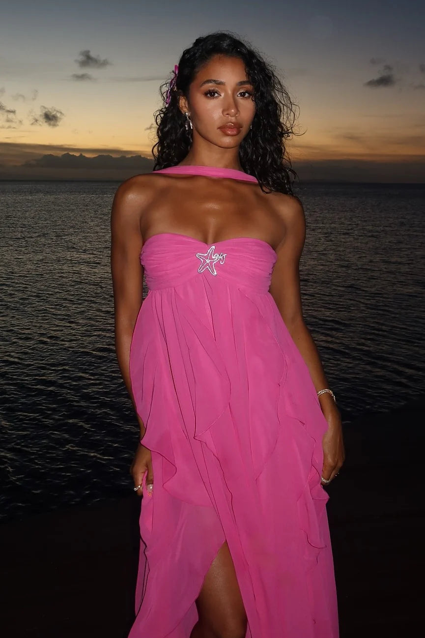 Chic A Line Halter Neck Ruffles Open Back Pink Long Prom Dress