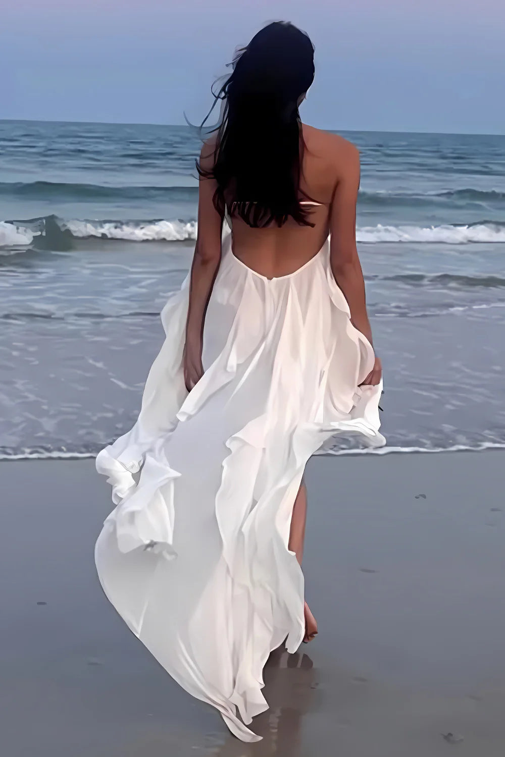 Chic A Line Halter Neck Ruffles Open Back Pink Long Prom Dress