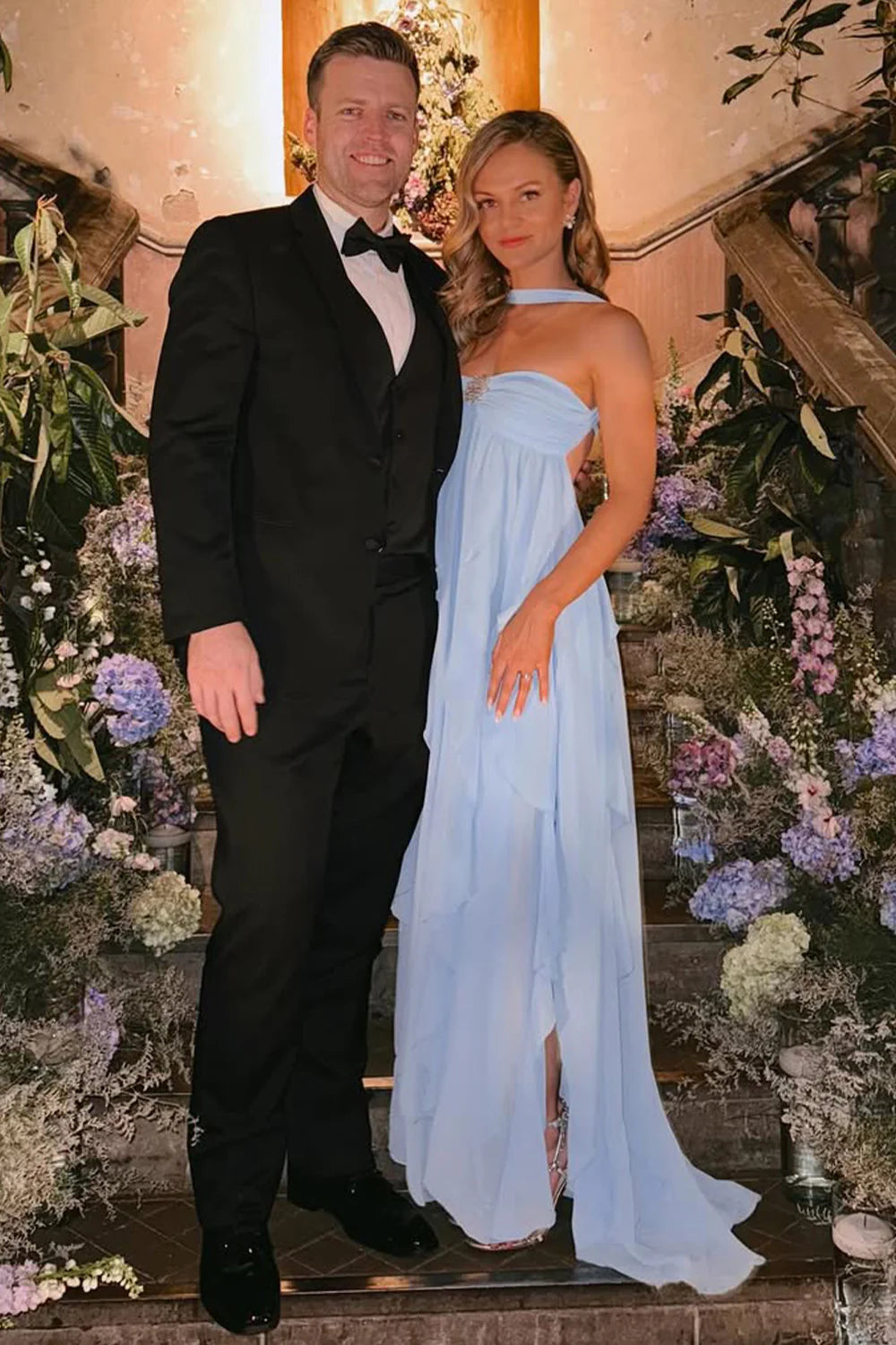 Chic A Line Halter Neck Ruffles Open Back Pink Long Prom Dress