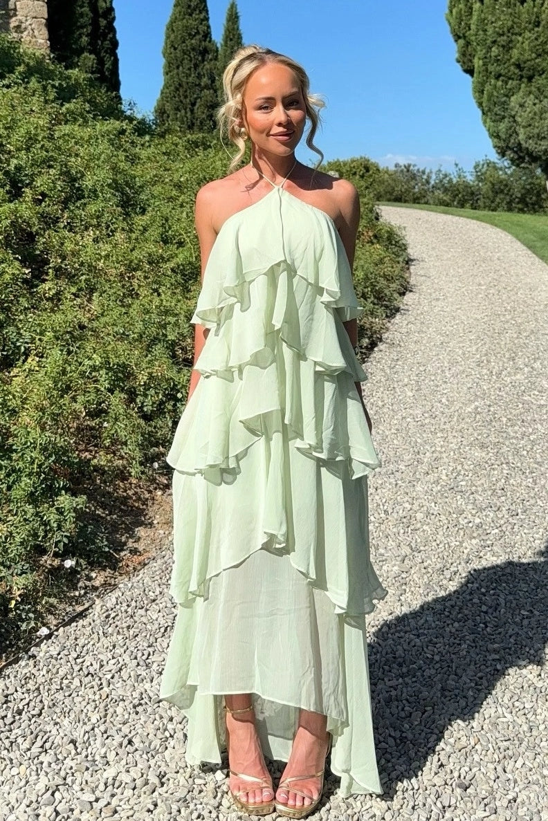 Chic A Line Halter Neck Ruffles Tiered Light Green Long Prom Dress